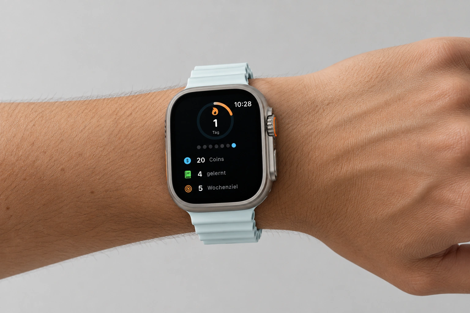 Germanize: vocabulary and progress on Apple Watch, on a wrist with a golden-brown skin tone.